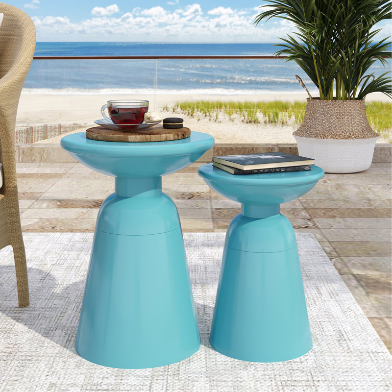 Tables d'appoint d'extérieur en fer avec design évasé, ensemble de 2, bleu sarcelle, Sarcelle