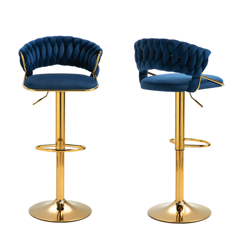 Christal Height Adjustable Swivel Bar Stool, Navy Blue, Gold