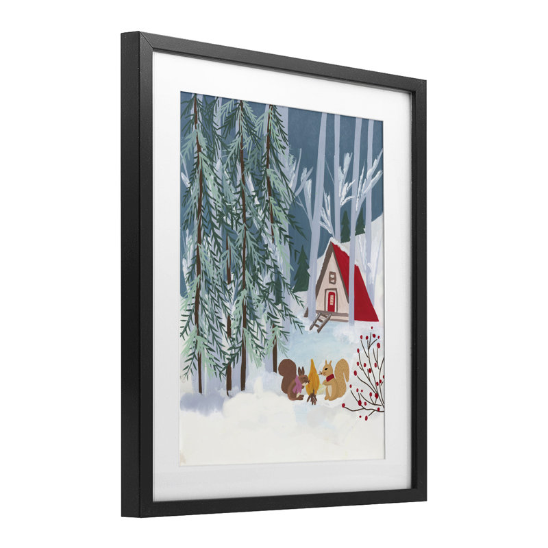 «Woodland Creatures Winter Campfire», reproduction encadrée sous verre, conception de Nabeela Rumi, Cadre noir minuit