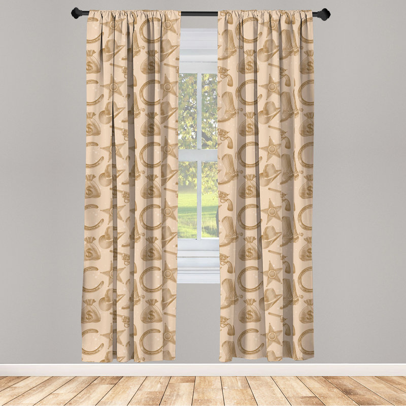 Western, Engraving Style Star Boot and Money Revolver Line Pattern Worn Out Dotted Backdrop, Semi-Sheer Rod Pocket Sliding Panel