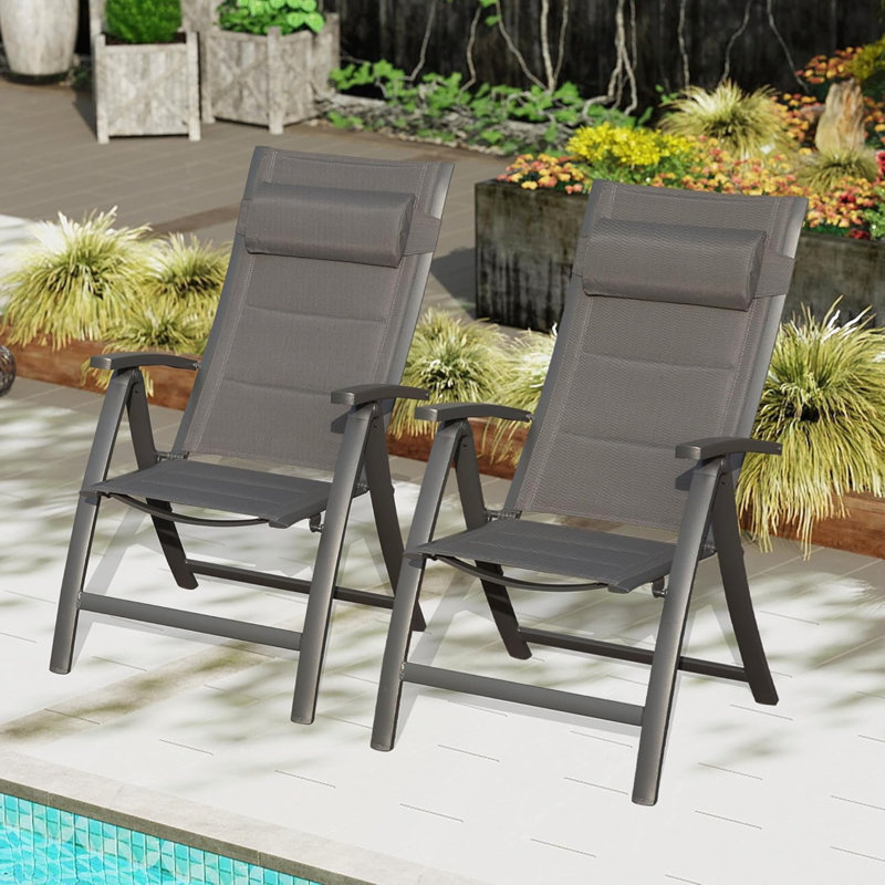 Patio Folding Chairs Set Of 2,PVC-coated polyester Fabric Seat, Light Gray