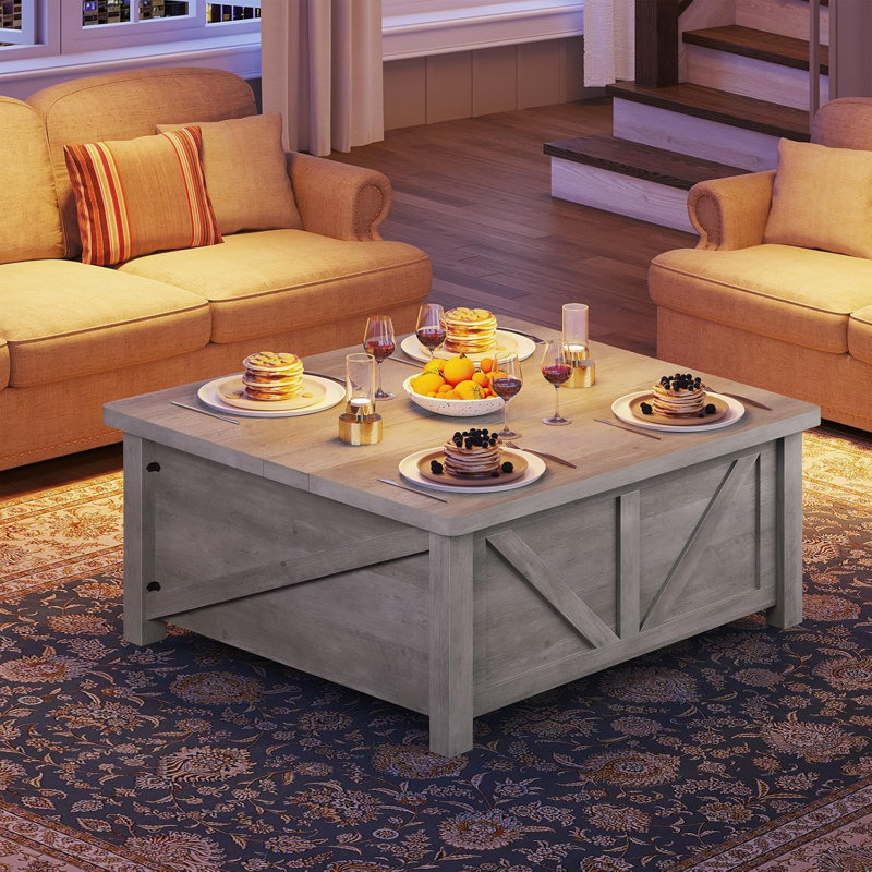 Gray Square Wood Lift-Top Coffee Table with Storage