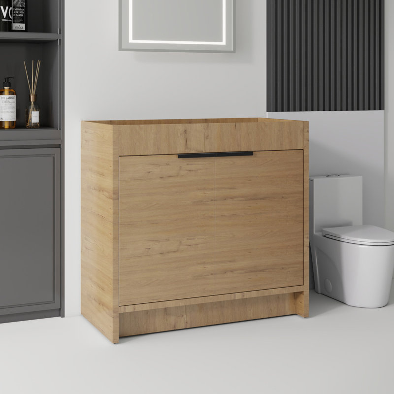 Meuble-lavabo sur pied 36 po, contreplaqué, portes doubles à fermeture douce, rangement intérieur spacieux, armoire seulement, lavabo non inclus, chêne