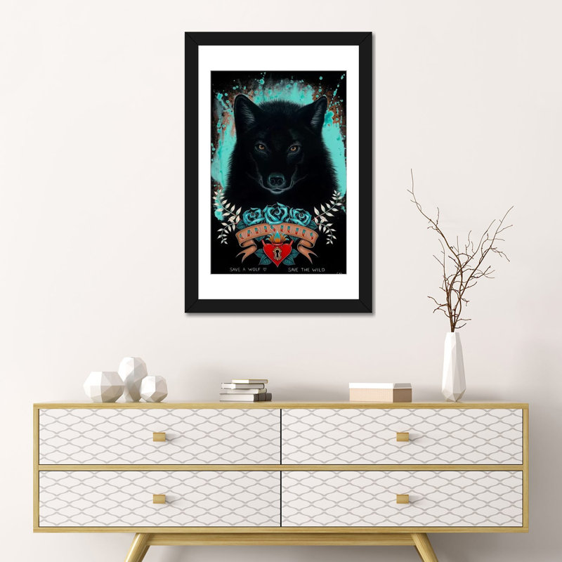 «Canis Lupus», peinture sur toile tendue, H 24 po x l 16 po x P 1 po, Papier d'art encadré noir, Blanc