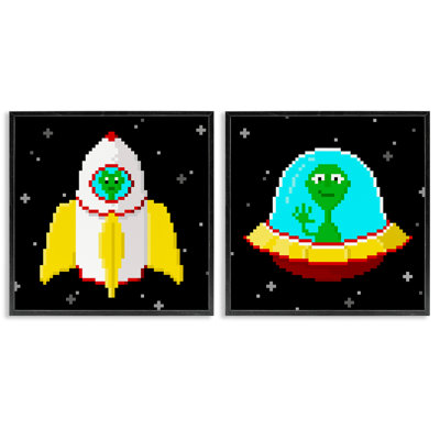  Pixel Alien Spaceships 2 PC Giclee Art Set by June Erica Vess