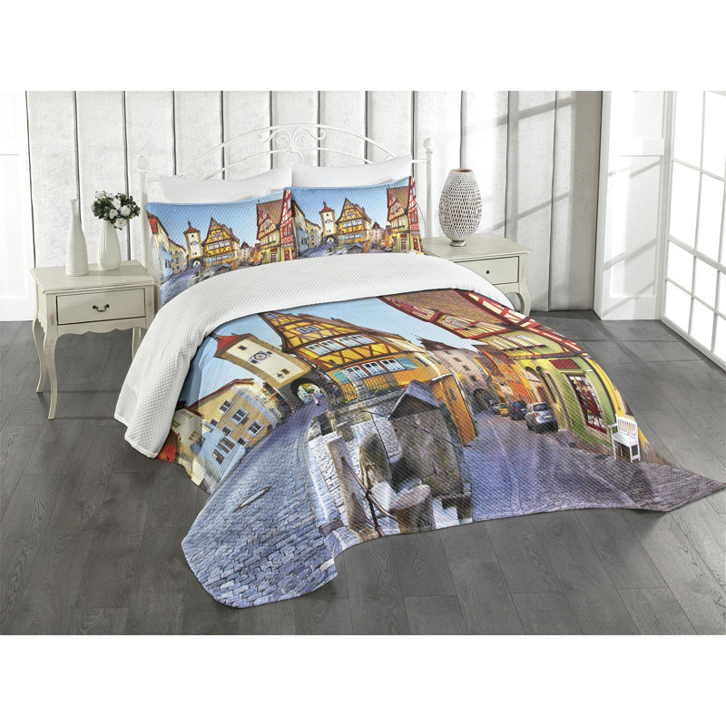 King Size White Quilted Bedspread Set with Colorful Street Design