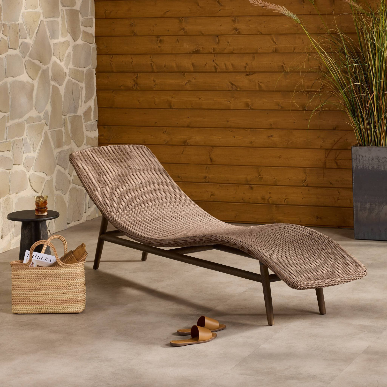 Janine 24'' Outdoor Teak Chaise Lounge, Stained Saddle Brown, Tanned Weave