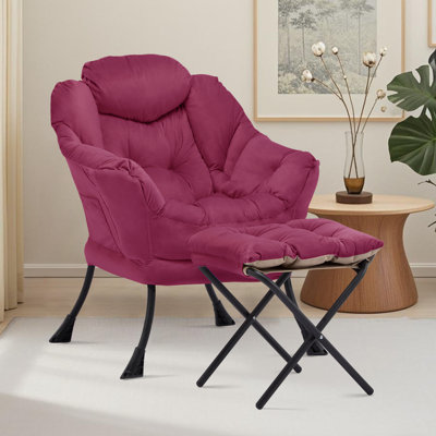 Lazy Chair with Ottoman, Comfy Accent Lounge Chair with Side Pocket, Modern Reading Armchair with Footrest, Upholstered Sofa Chair for Small Spaces, Bedroom, Living Room, Dorm,WineRed