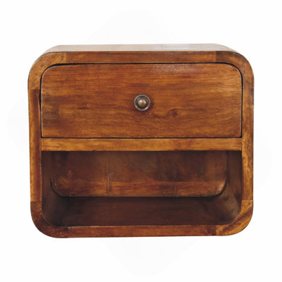 Solid Wood Mini Curve Floating Nightstand, 1-Drawer, 1 Open Slot, Chestnut