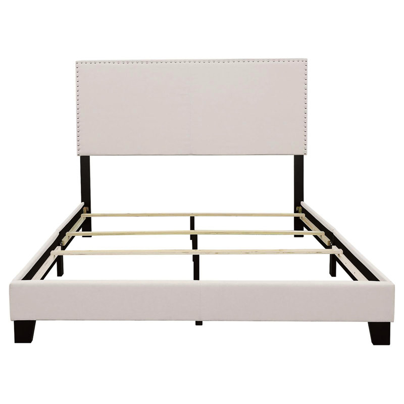 Lit double tapissier - Construction avec pieds noirs et garniture cloutée en bois, Lit double, Ivoire ivoire