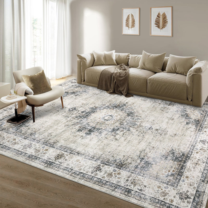 Machine Washable Rugs Oriental Floral Non-Slip Low Pile Rubber Backing Area Rug for Living Room Bedroom Kitchen Dining Room