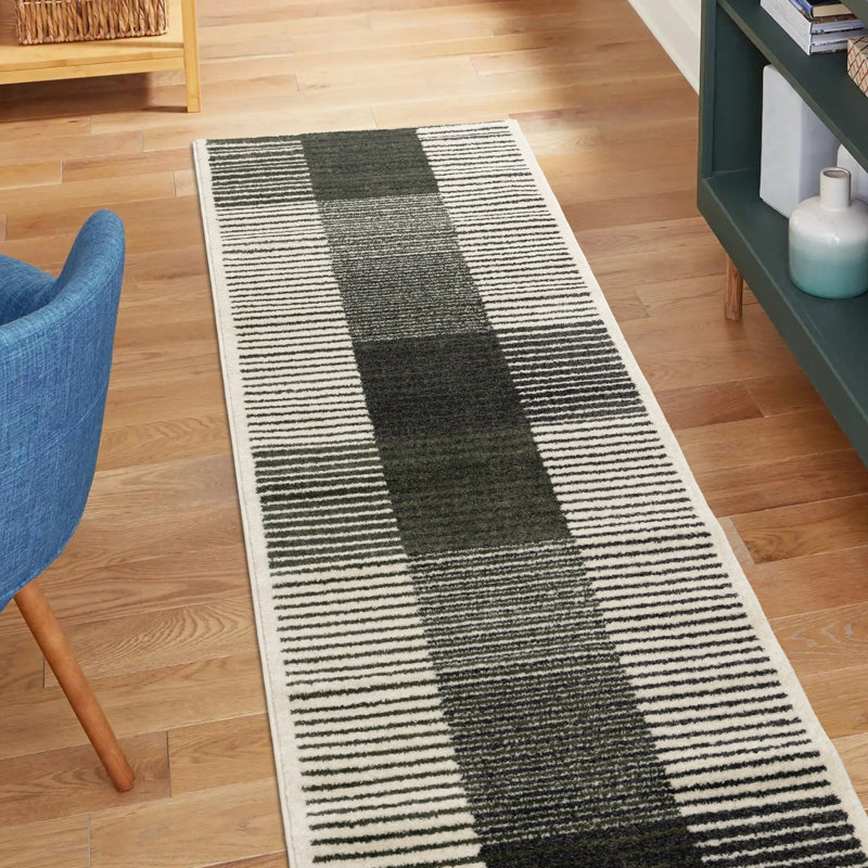 Striped Green White Gray Modern Indoor Runner, White, Runner 2'7" x 7'7"
