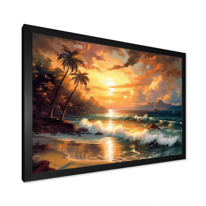 " Orange And Green Shimmering Shores II ", Black Picture Framed Canvas, 16" H x 32" W x 1" D