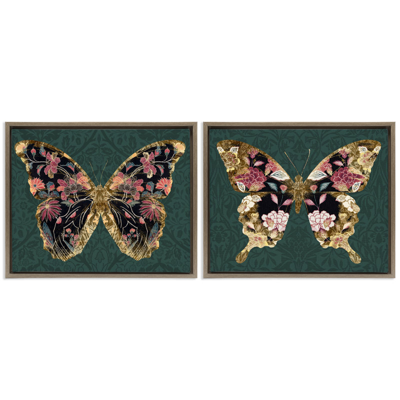 "Floral Butterfly", ensemble de 2 toiles flottantes encadrées par Victoria Barnes, H 25 po x l 31 po