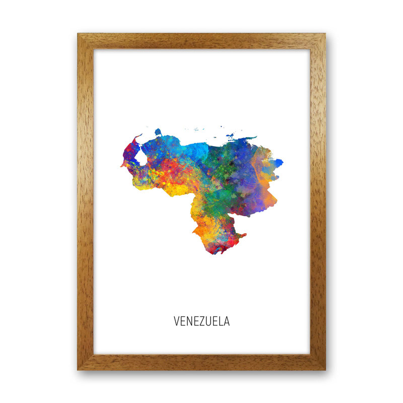 Venezuela Watercolour Map by Michael Tompsett - Print, 63cm H x 46cm W x 3cm D, Brown Framed