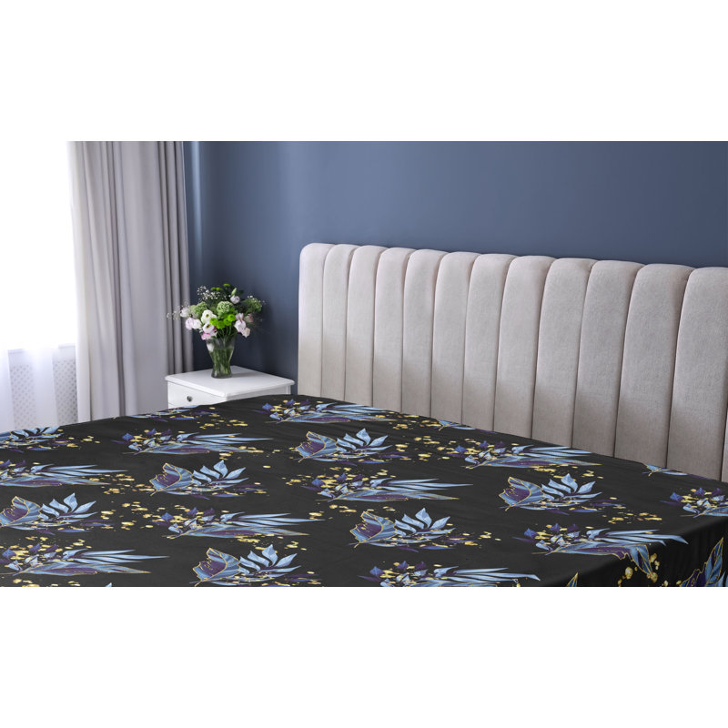 Ambesonne Night Jungle Fitted Sheet Leafy Pattern Hues Art Charcoal Grey Indigo, Queen Fitted Sheet