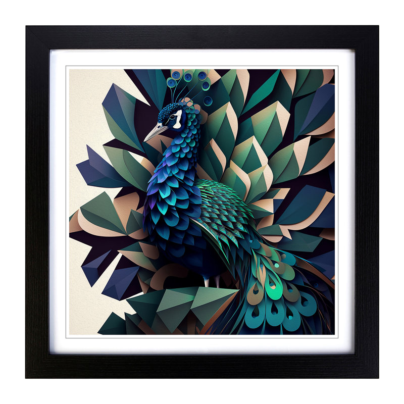 Peacock Geometric - Framed Print, Black