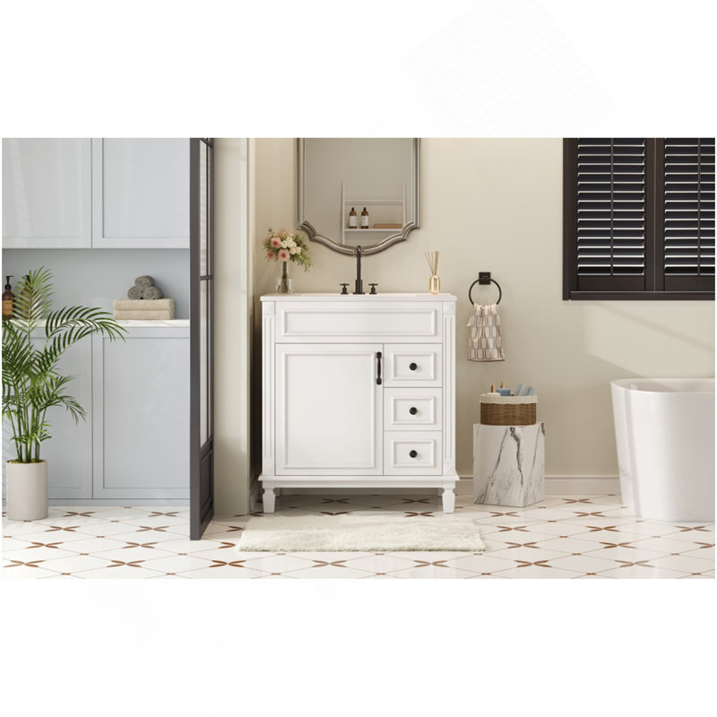 Meuble-lavabo de 30 po avec lavabo en céramique, petite armoire de salle de bain, armoire moderne avec 2 tiroirs et tablette réglable