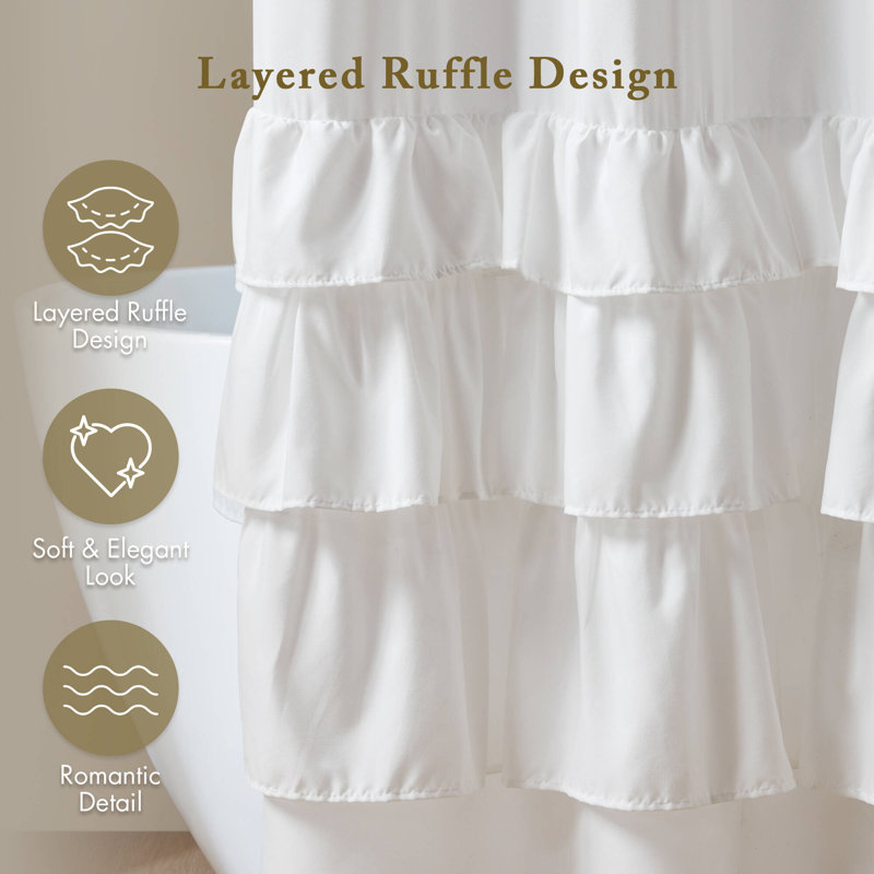 Grace White Solid Single Ruffled 72x72'' Shower Curtain, White, 72"H x 72"W