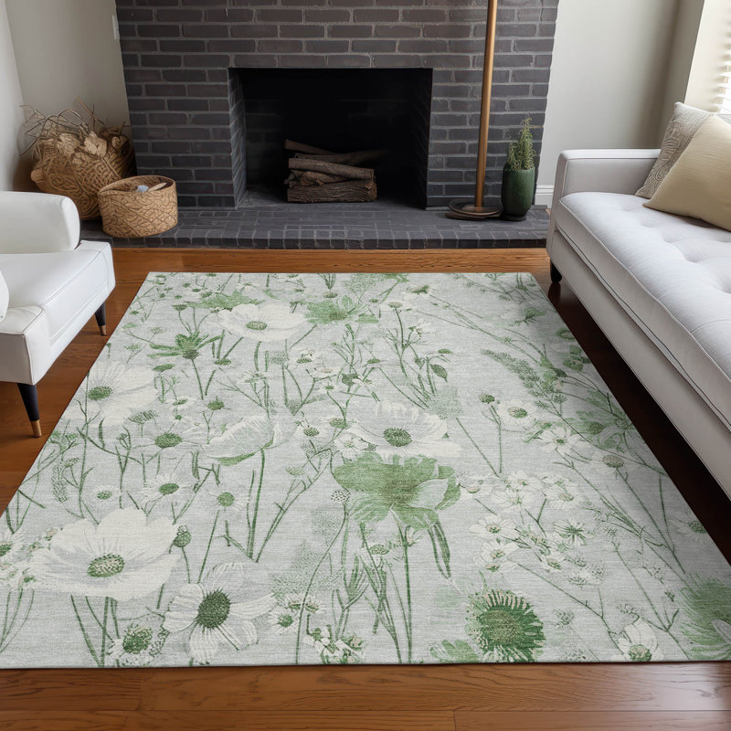 Mint Green Floral Washable Rectangular Rug 2'6" x 3'10"