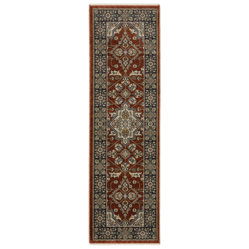 Tapis oriental rouge / bleu Hovis, Tapis de couloir 2 pi 3 po x 7 pi 6 po