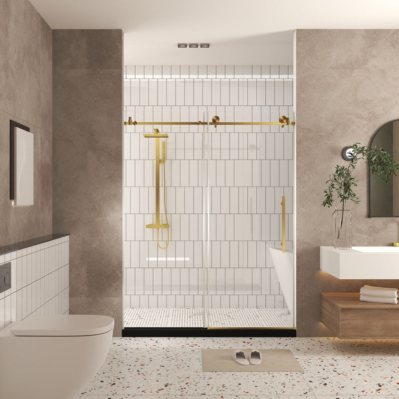 Frameless Shower Door 60 "W X 76" H, 1/4 "(6 Mm) Clear Tempered Glass, Explosion Proof Film, Stainless Steel Handle