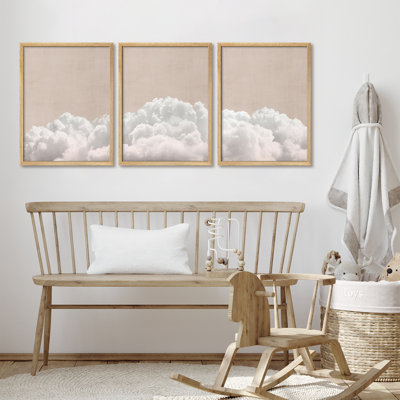 3 Piece Framed Cloud Wall Art Set - Neutral Sky White Cloud Prints for Bedroom, Nursery or Living Room Decor