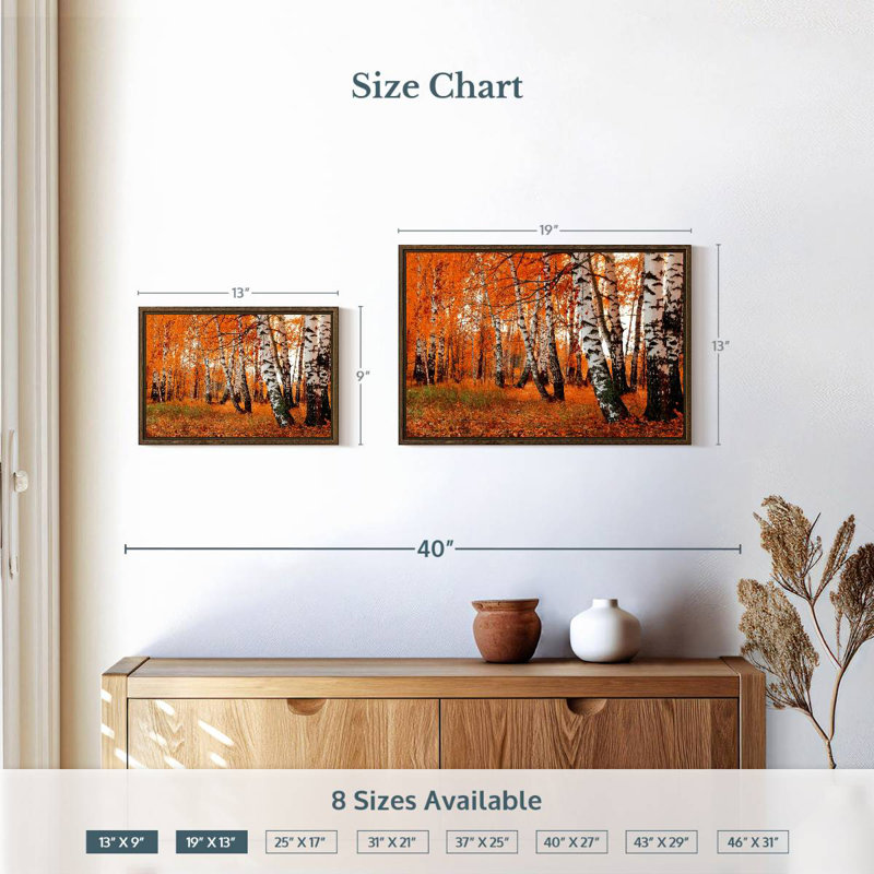 Forêt de bouleaux orange, 19 po x 13 po, Cadre flottant noyer
