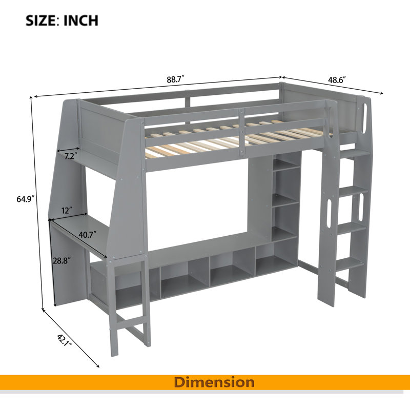 Wood Gaming Loft Bed With Desk, Multi-Storage Shelves, LED And A Hanging Clothes Rack, Gray, Twin