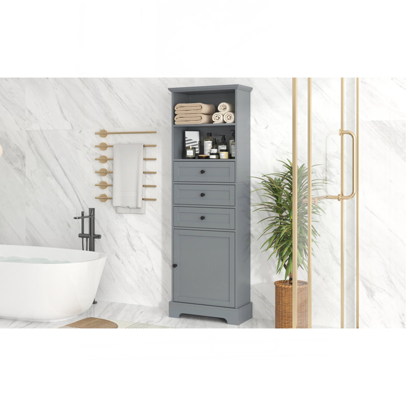 Grande armoire de rangement grise avec 3 tiroirs et tablettes réglables pour salle de bain, bureau, bureau et intérieur, panneau de fibres à densité moyenne avec finition peinte