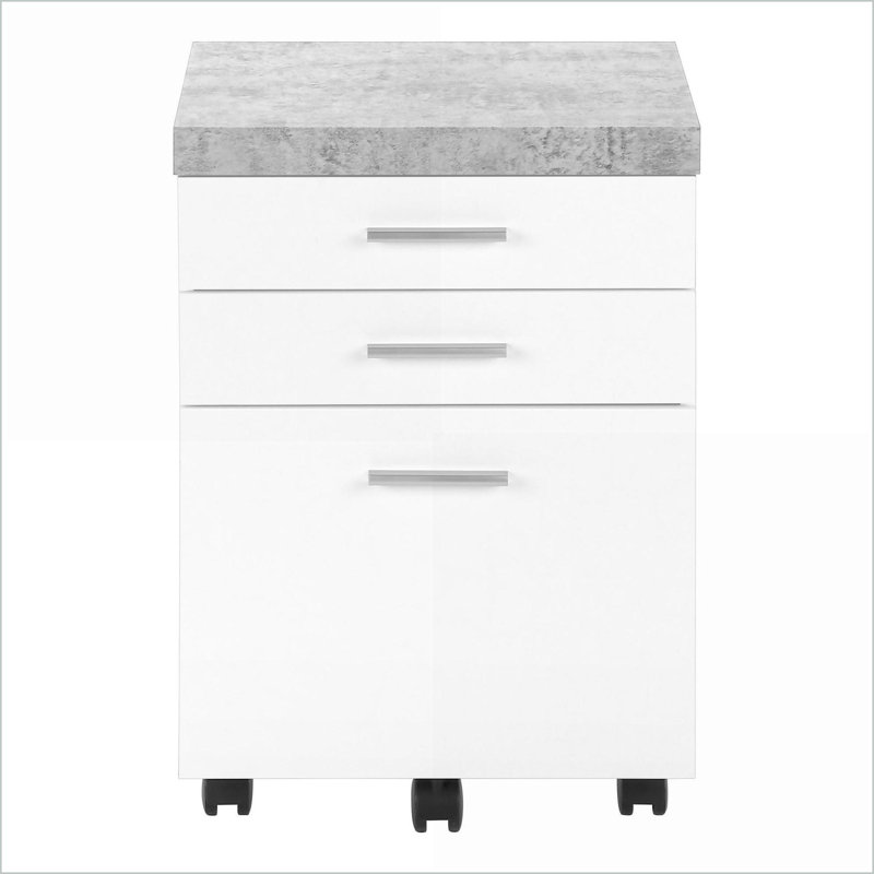 File Cabinets, Rolling Mobile 3-Drawer, Printer Stand Storage, Contemporary Modern, Snow White Slate Gray Cement Laminate | White | Particle Board