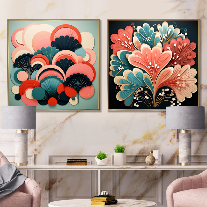 Art déco, corail marin Marvel I - ensemble de 2 reproductions d'art mural corail, Cadre flottant doré