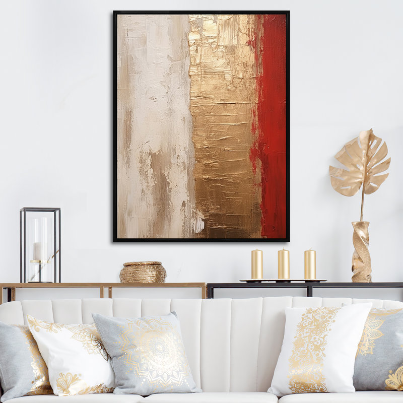 Pleine lune rédempte abstraite or et rouge I - peinture abstraite, art mural, H 44 po x l 34 po x P 1,5 po