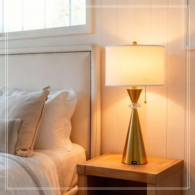 Ensemble de 2 lampes de table de 28 po de hauteur, 28 lampes de chevet modernes avec ports de charge USB, base de sablier en métal doré brossé avec abat-jour tambour blanc pour le salon, la chambre et le chevet de la maison (ampoules non incluses)