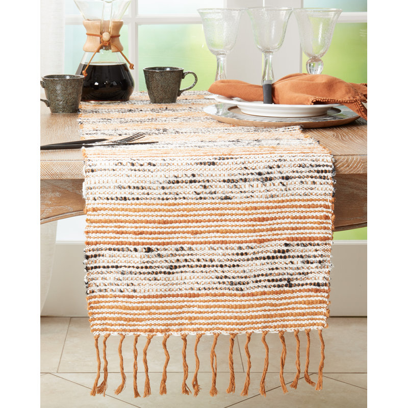 Rust and White Cotton Stripe Table Runner with Fringe