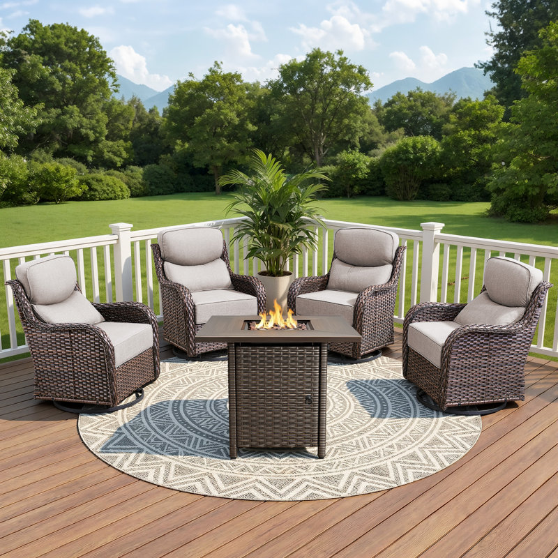 4 - Person Patio Furniture Chair Set With Fire Pit Table, 4 Swivel Glider Chairs With 6-Inch Cushions, Beige, Brown