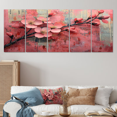 Fleurs de cerisier en rose et or II - ensemble de reproductions d'art mural cerisier en fleurs