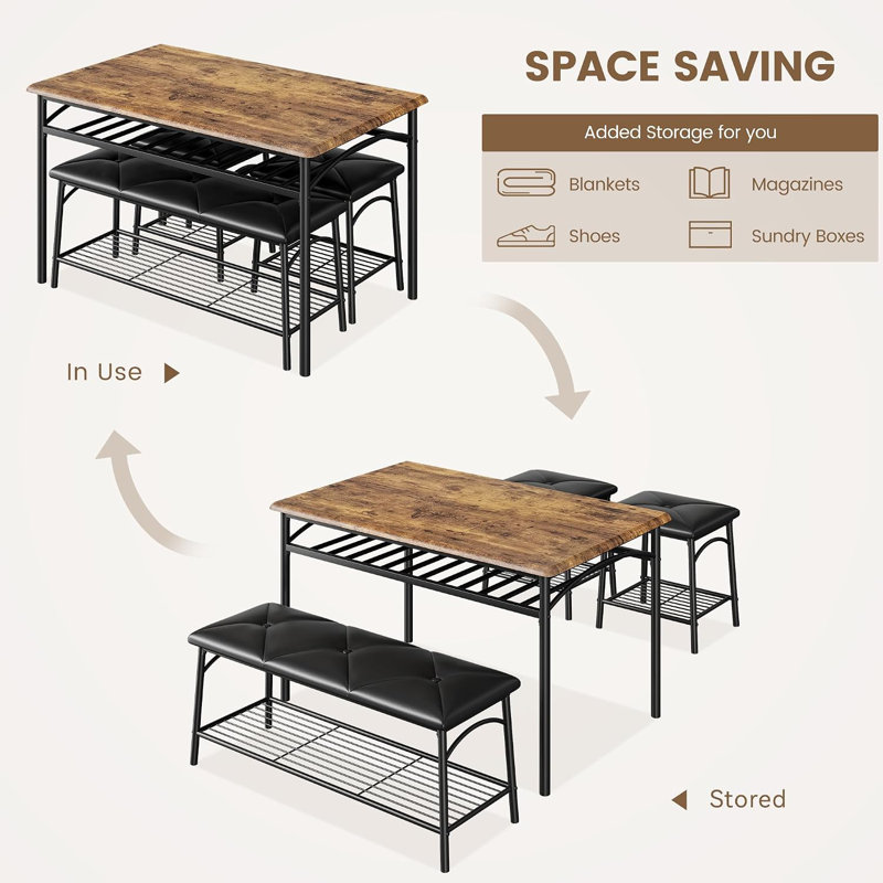 Ensemble table et chaises pour 4 personnes, table de cuisine avec banc et tabourets, brun, Couleur rétro
