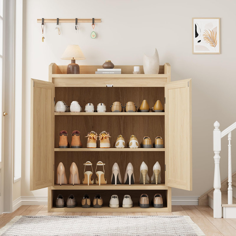 Modern Boho Rattan Shoe Cabinet – 2-Door Entryway Storage Organizer – 5-Tier Adjustable Shelves, Natural Wood