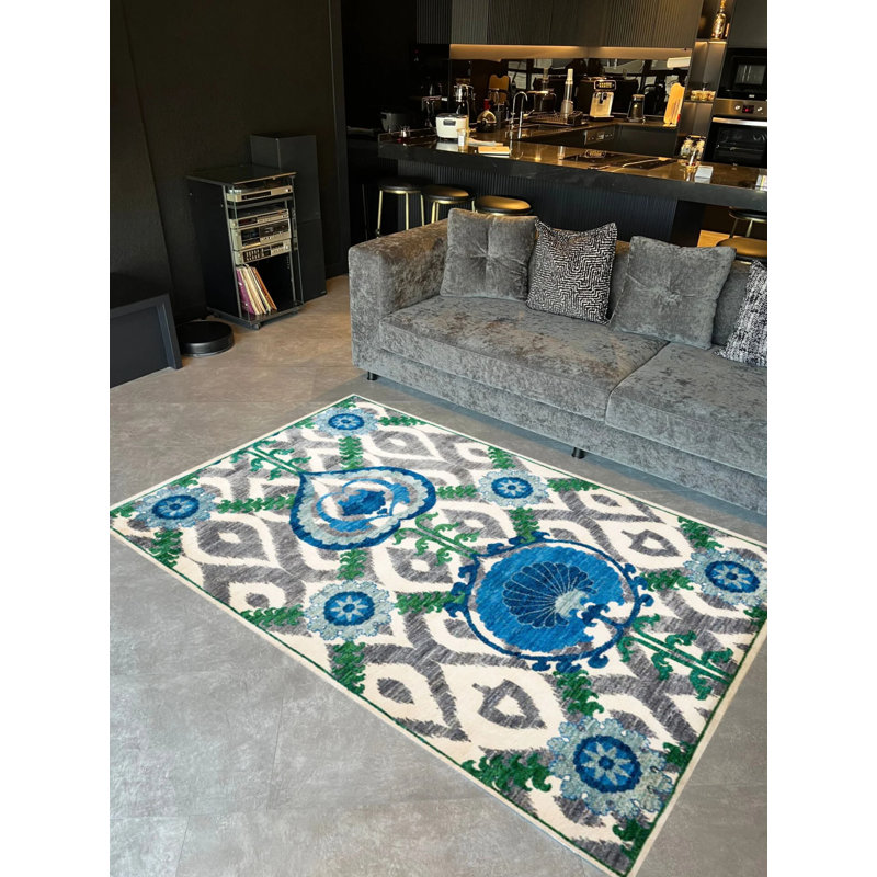 Tapis bleu en polypropylène tissé à la machine intérieur / extérieur Sanfiel, Tapis de couloir 4 pi x 9 pi 11 po