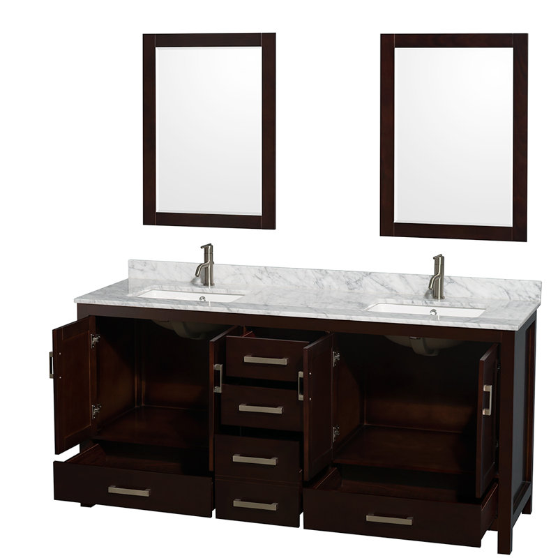Sheffield 72" Freestanding Double Bathroom Vanity with Marble Top with 24" Mirrors, Espresso