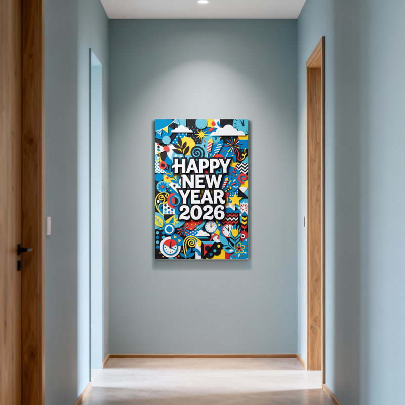 Motif festif coloré avec horloges et étoiles, H 20 po x l 30 po