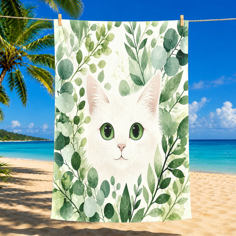 Serviette de plage blanche 1Pcs, avec un joli visage entouré d'un feuillage vert aquarelle luxuriant. Grande microfibre, parfaite pour la piscine, les voyages et le camping, unisexe.