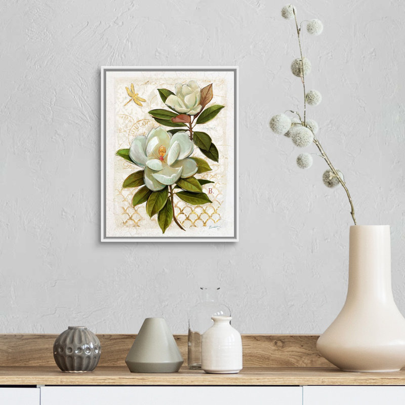 «Heirloom Magnolia» sur toile grise, H 11 po x l 14 po x P 1,75 po, Cadre blanc