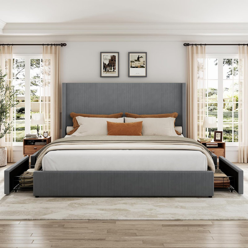 Structure de lit grand / très grand avec tiroirs de rangement, lit plateforme tapissier en velours côtelé avec oreilles et tête de lit capitonnée