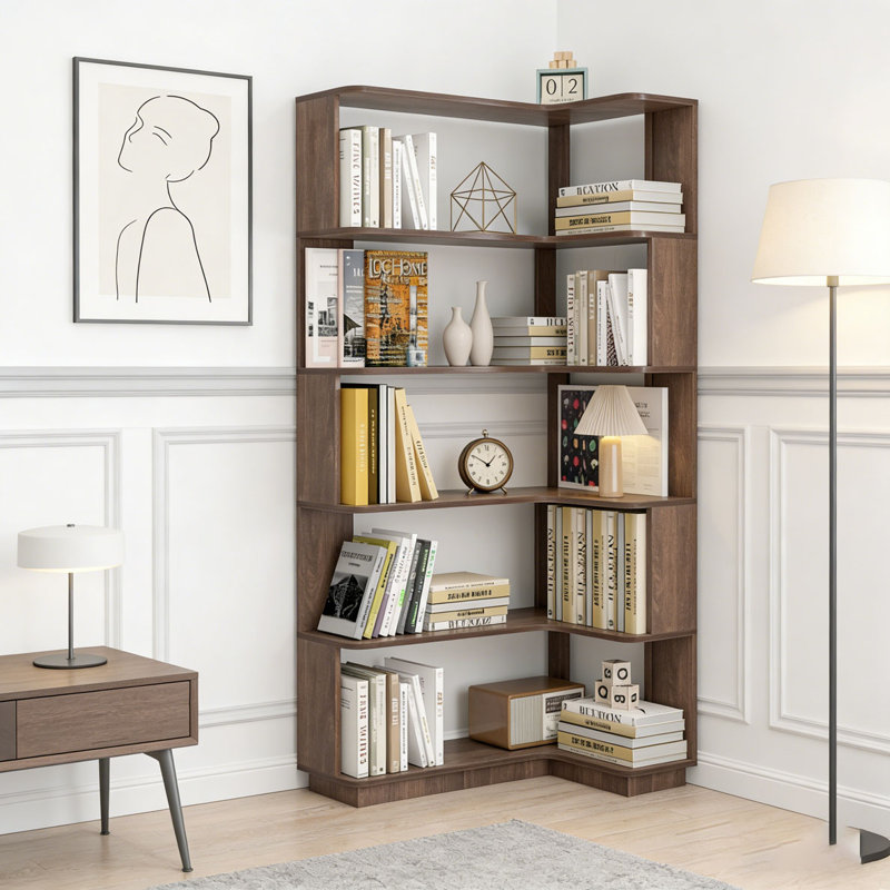 Freestanding Corner Bookshelf, Dark Brown