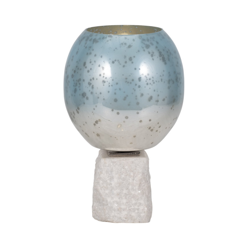Modern Glas Bowl Candle Holder with Marble Base - Decorative Pillar Candlestick Holder for Dining Tabletop or Home Decor - Blue & White