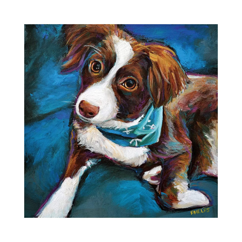 Chiot berger australien par Robert Phelps - peinture sur toile tendue, H 12 po x l 12 po x P 0,75 po