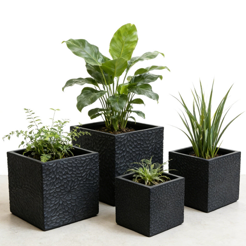 Large Magnesium Oxide Planter Of 4, 16.9" To 9.25" , Grey Modern Planters With Drainage For Patio Decor 14.37" 11.6" Style Balcony And Outdoor