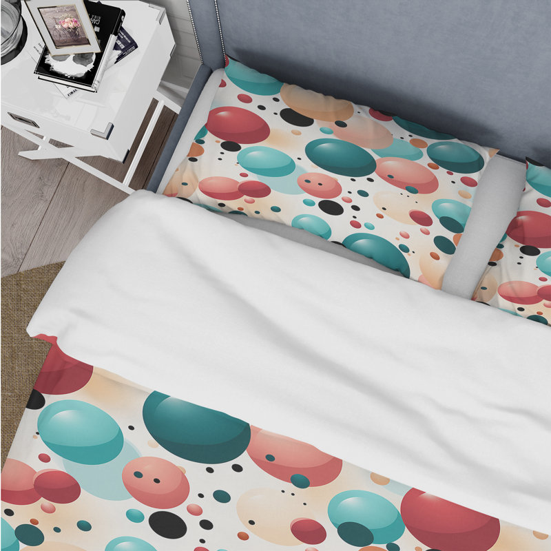 Gingham Charm Polka Dots Pattern Geometric Shapes Duvet Cover, King Duvet Cover + 2 King Shams